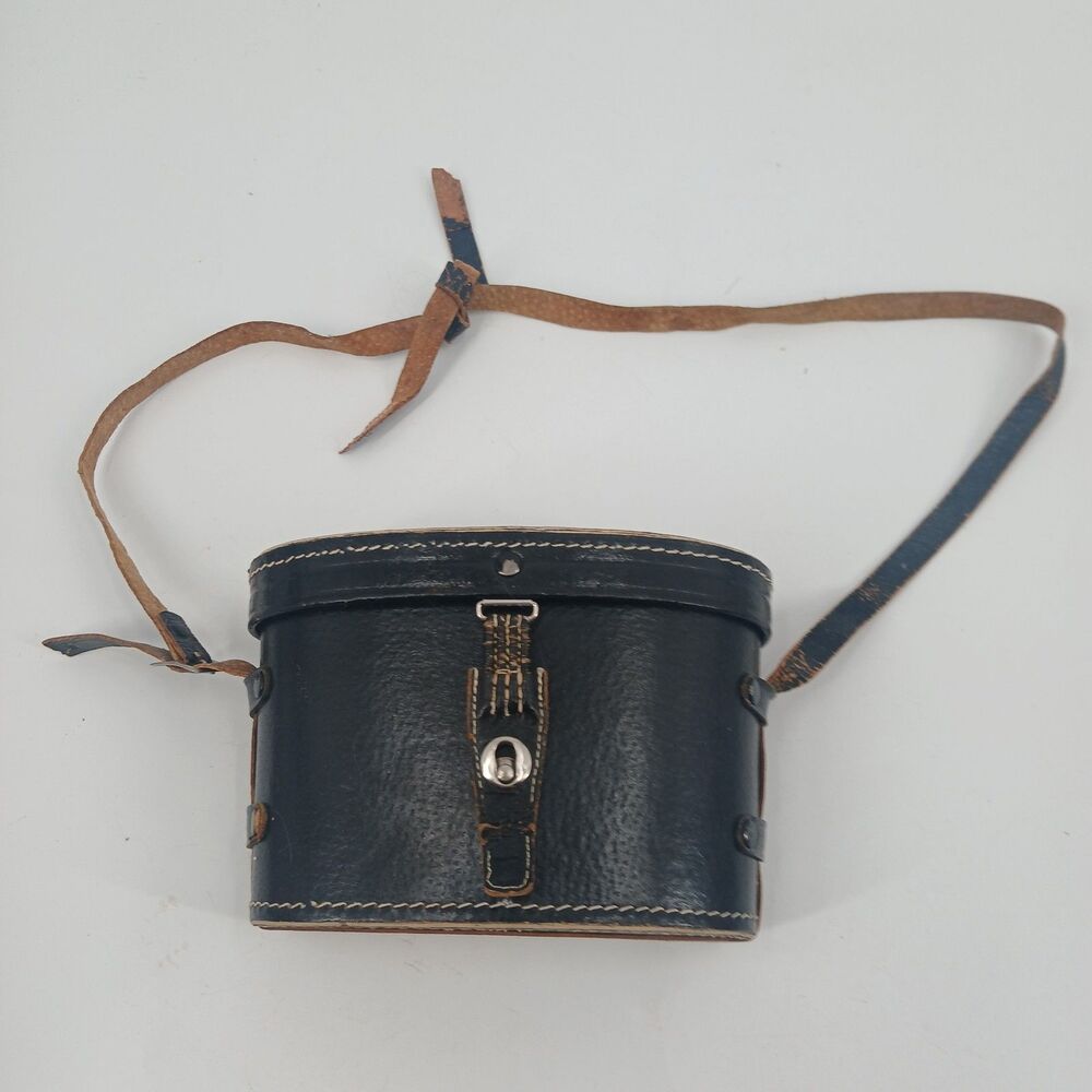 Vintage Leather Binocular Hard Case Oval Shoulder Strap Gold Crest Lining
